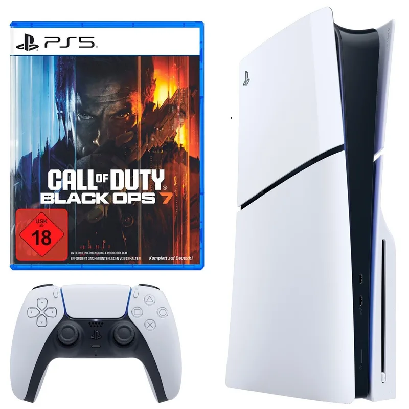 PS5 Slim Konsole mit Laufwerk Disc + Call of Duty Black Ops 7 Bundle (Bundle), Gaming Bundle Console Set by Sony Interactive Entertainment, White, 1 TB – cover