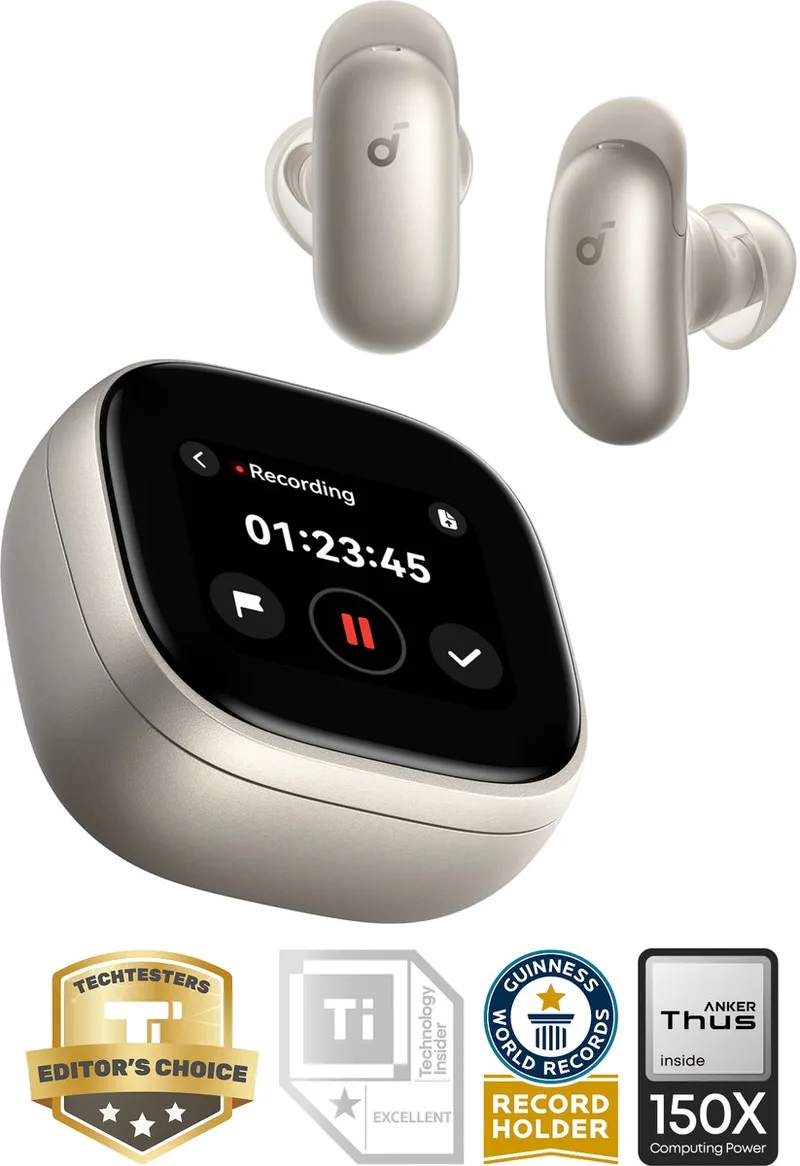 Liberty 5 Pro Max by Anker - Anker Thus Al Chip - AI Note-Taker - Kristalheldere Gesprekken - Noise Cancelling Oordopjes - 1.78" AMOLED Display - ANC Met 6-5 U/28 U Speeltijd - AI Vergadertranscriptie - Goud by Soundcore, Gold – cover