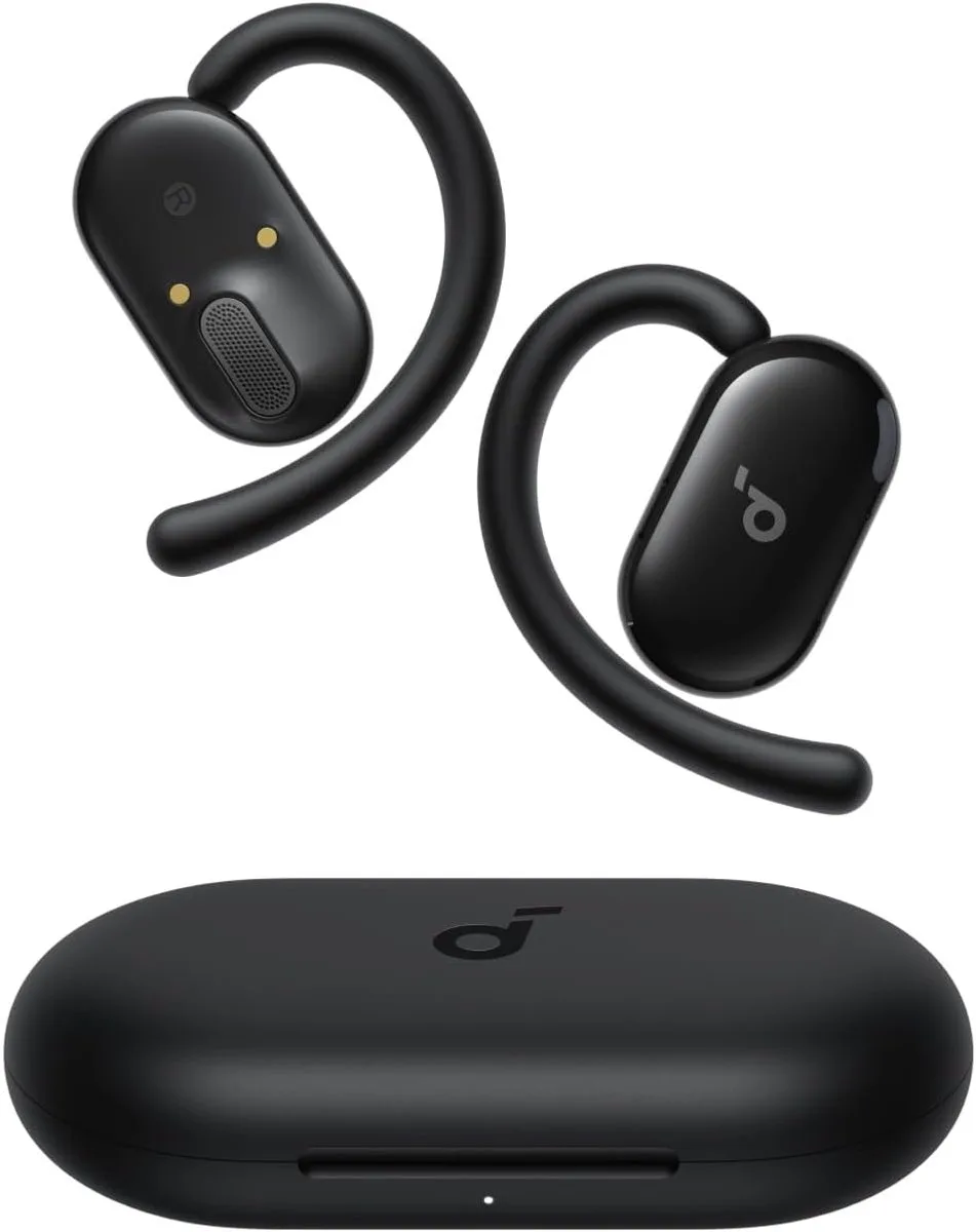 V20i open-ear koptelefoon by Anker - Verstelbare oorhaken - Comfortabel - Stevige grip - Sterke bas - Ruisvrije telefoongesprekken - IP55 - Led - 36 uur speeltijd - Bluetooth 5.4 oordopjes - Multipoint verbinding van Soundcore, Zwart – cover
