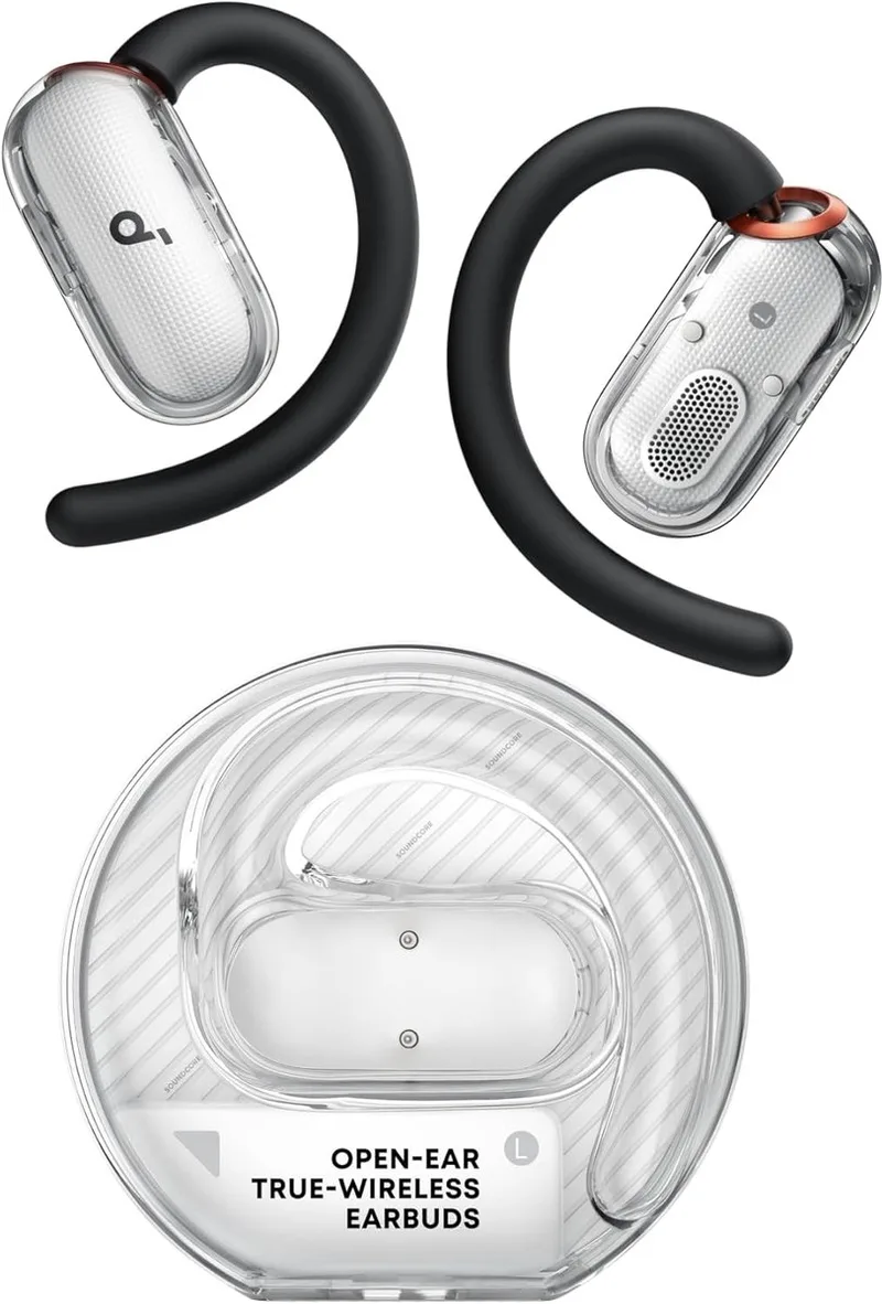 V40i by Anker - Open-ear hoofdtelefoon - Kristalhelder ontwerp - 4 verstelbare standen voor een goede pasvorm in elk oor - 2x diepere bas - IP55 - 21 uur afspeeltijd - Duidelijke AI-gesprekken - Bluetooth 5.4 - App-bediening by Soundcore, White – cover