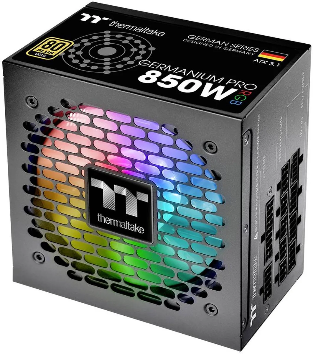 Germanium Pro RGB 850W - ATX12V 3.1 - 80 Plus Gold - 850 Watt - Modulair - 100-240V - Actieve PFC - PCIe 5.1 - 120mm HYB Fan - zwart fra Thermaltake, Kleurloos – cover