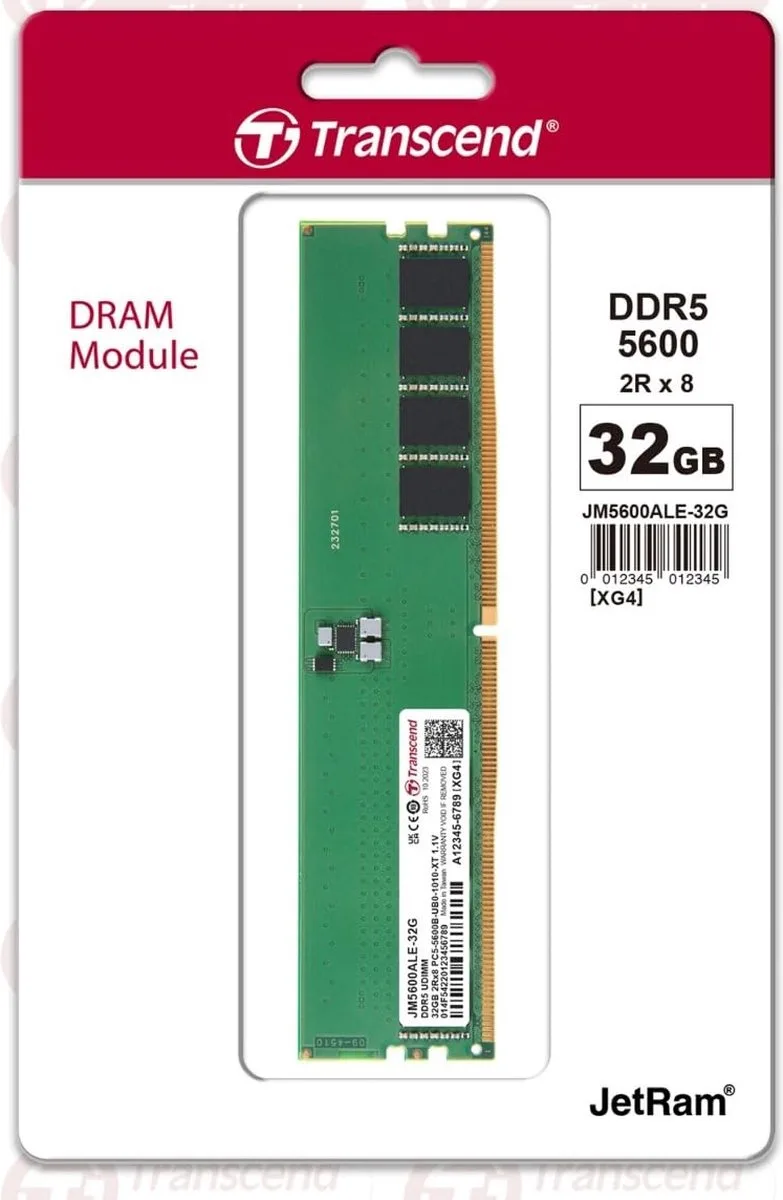 JetRam JM5600ALE-32G geheugenmodule 32 GB 1 x 32 GB DDR5 288-pin DIMM ECC från Transcend – omslag
