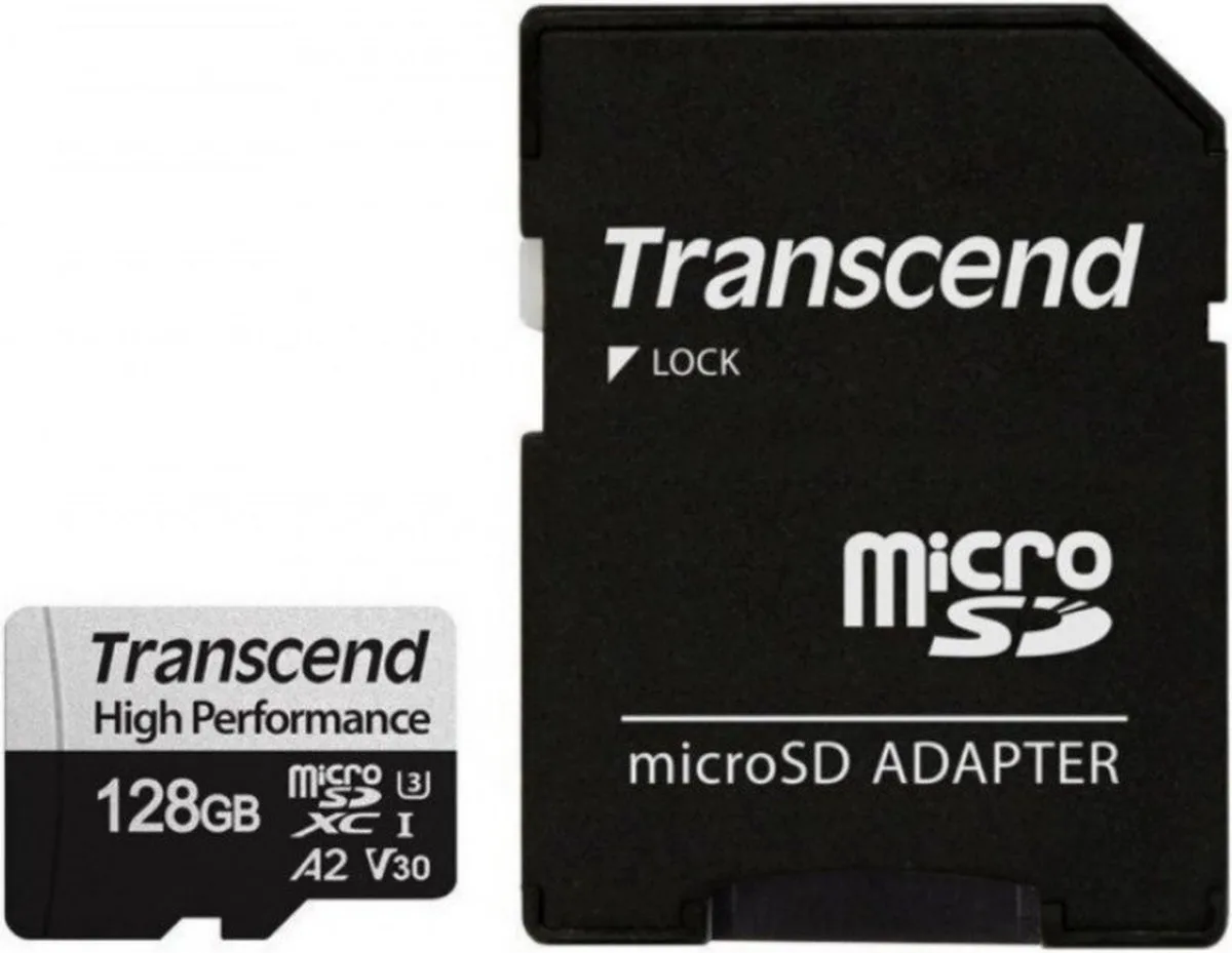 microSDXC 340S microSDHC-kaart Class 10, Class 3 UHS-I van Transcend, Kleurloos, 128 GB – cover