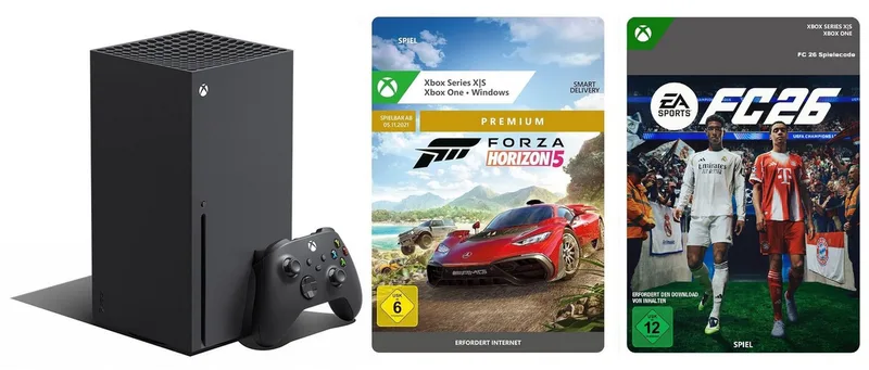 Series X + FC 26 Code + Forza Horizon 5 Premium Edition Code Set (Bundle, inkl. Spiele (FIFA 26+ Forza Horizon 5) DIGITAL), 4K-Gaming van Xbox, Zwart, 1 TB – cover