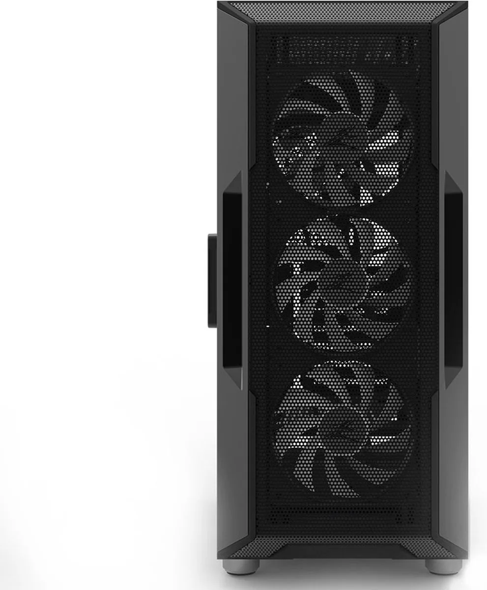 I3 Neo Black ATX Mid Tower PC Case, Mesh front for efficient cooling, Pre-installed fan: 3 x 120mm white LED front, 1 x 120mm white LED rear, 2 x 3.5, 3 x 2.5, Arcyl window left, 457(D) x 195(W) x 467(H)mm van Zalman, Zwart – cover