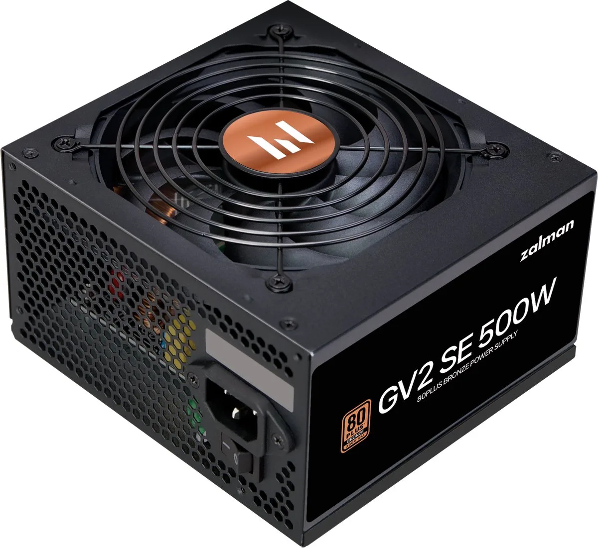 ZM500-GV2SE GV2SE 500W PSU 80 Plus Bronze ATX 12V v2.52, Active PFC, 88% efficiëntie, HDB 120mm fan, OCP/OTP/OPP/OVP/UVP/SCP, CE, RoHS, Full-range input van Zalman, Zwart – cover
